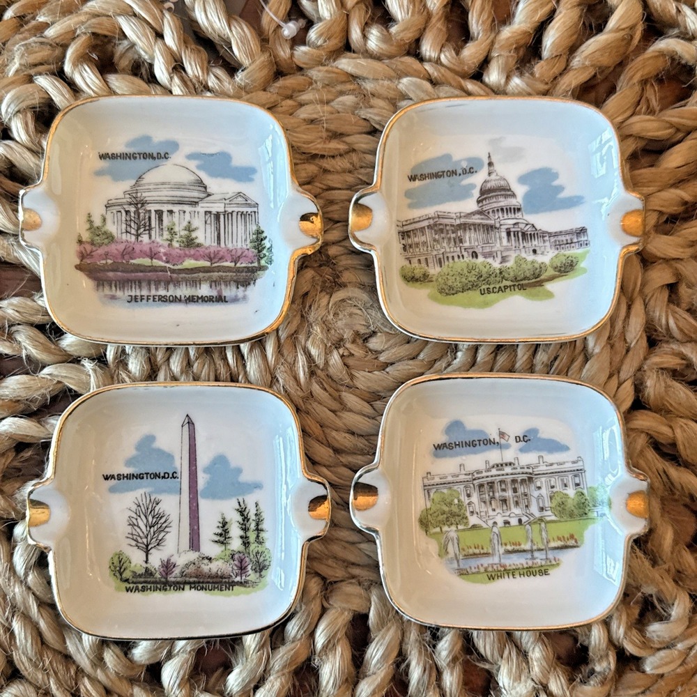 Lot of 4 Vintage Washington D.C. Souvenir Mini Ashtrays Gold Trim Landmarks 3"‎